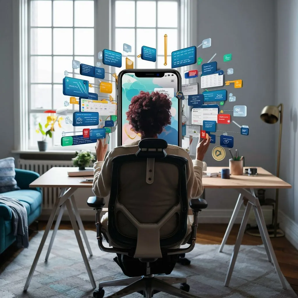 A person at a home-office desk facing a large phone screen surrounded by dozens of floating notification and advert cards